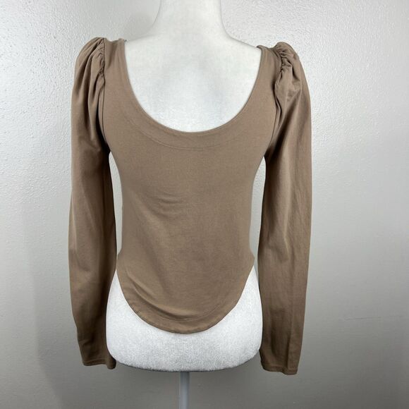 Free People Blouse Women Medium Brown Puff Sleeve Corset Tie Front Scoop Neck - Picture 4 of 15